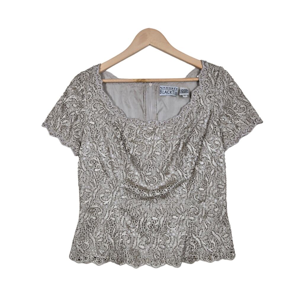Nahdree Black Tie Beige Beaded Lace Top 8 Wedding Guest Scalloped